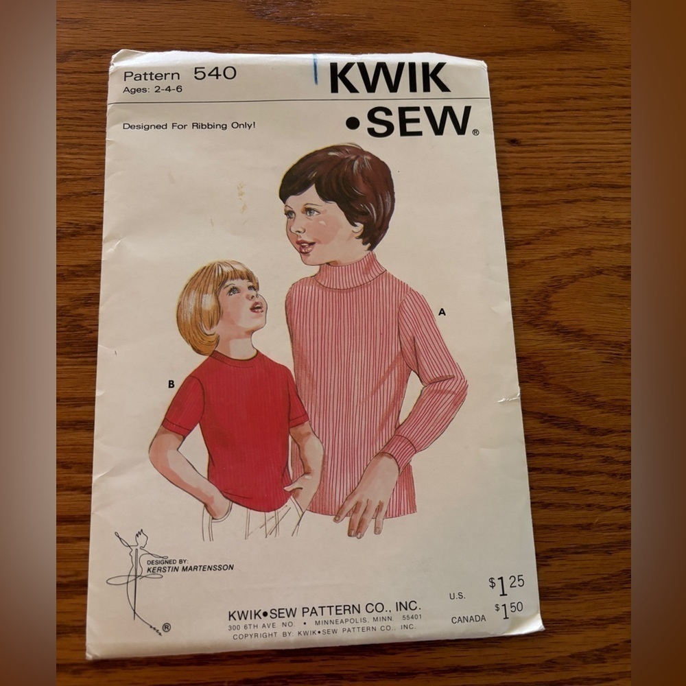 Kwik Sew Pattern # 540 Childs Knit Top Age 2-4-6 UNCUT Vintage Serger Long/Short